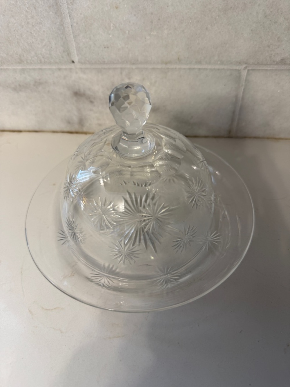 Vintage Cut Glass Starburst Butter Dish with Faceted Knob
